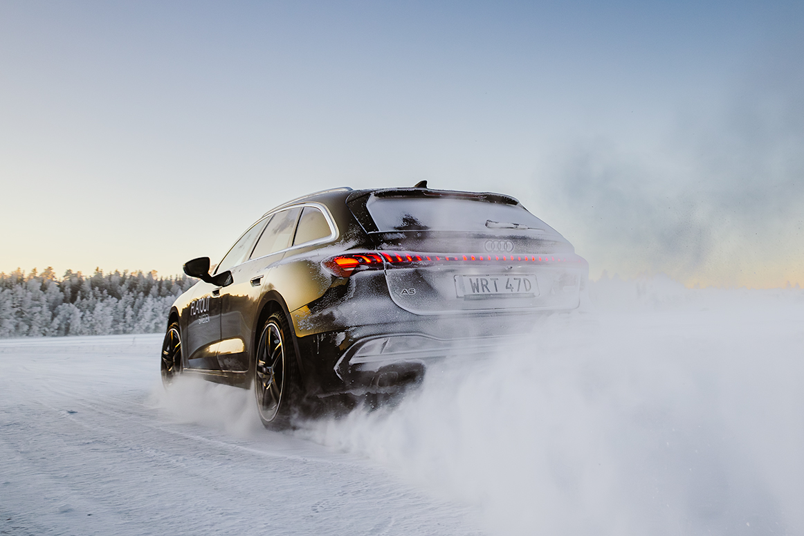 An Audi drifting across the ice at the event in Östersund, Sweden