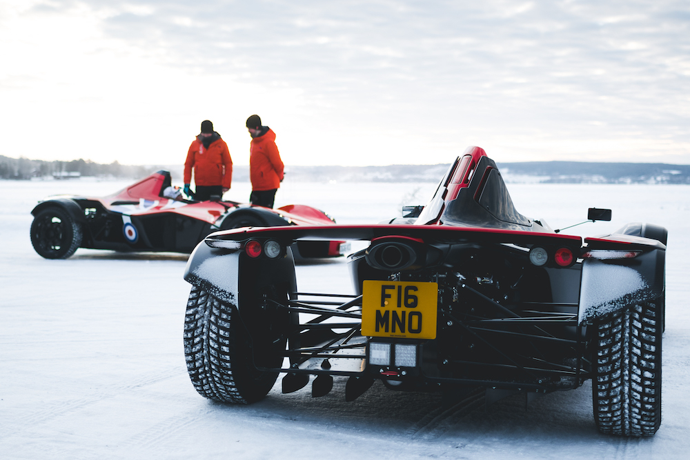 Close-up of a BAC Mono on the frozen lake ice track in Åre, Sweden