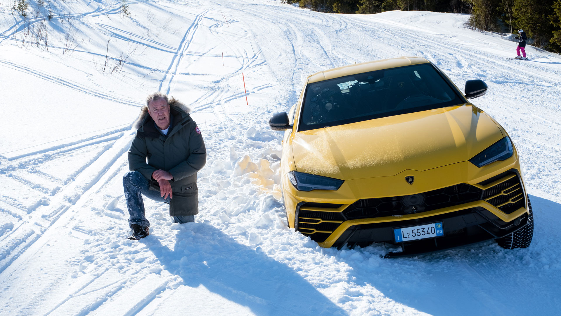 A car from The Grand Tour drifting across the ice at the event in Åre, Sweden