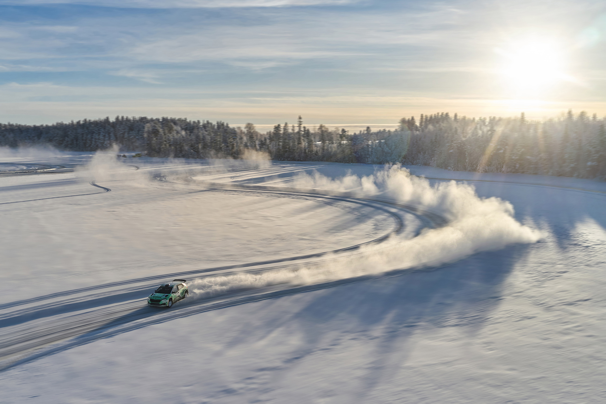 Aerial view of a Skoda on a frozen lake ice track in Östersund, Sweden