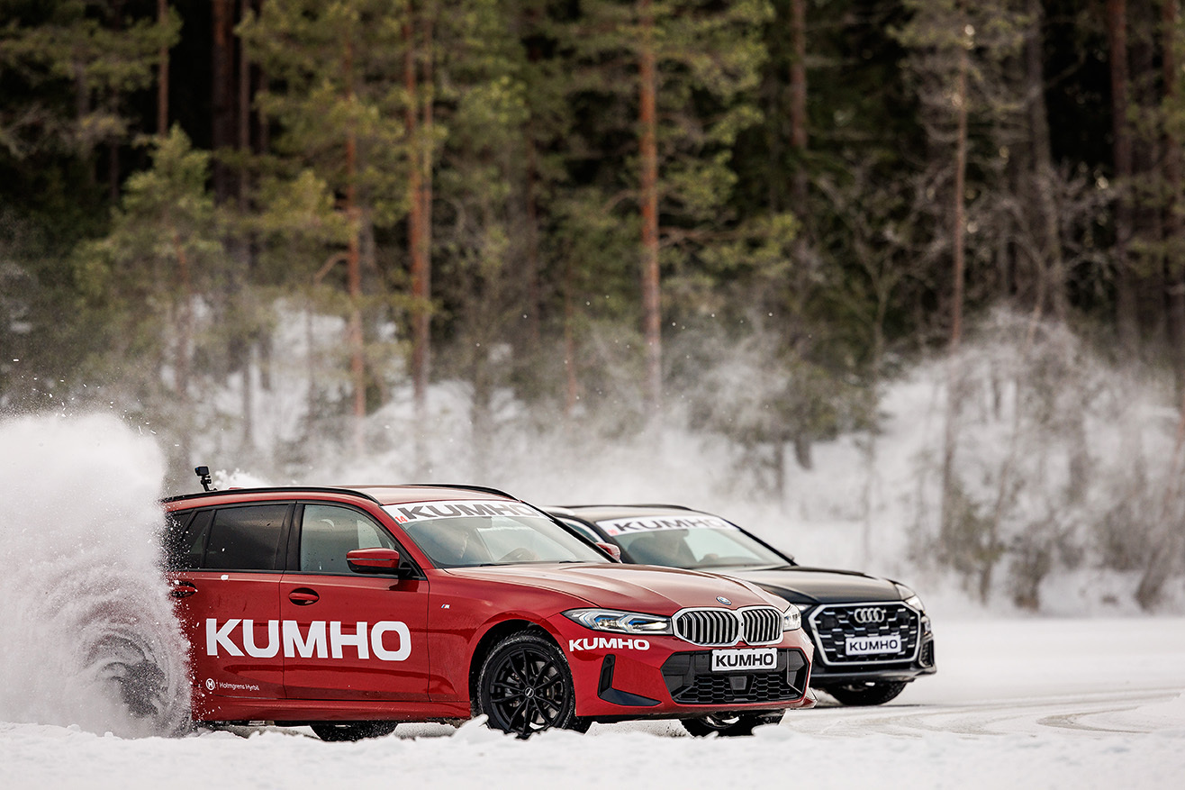 A Kumho tire test car drifting on the ice track in Östersund, Sweden