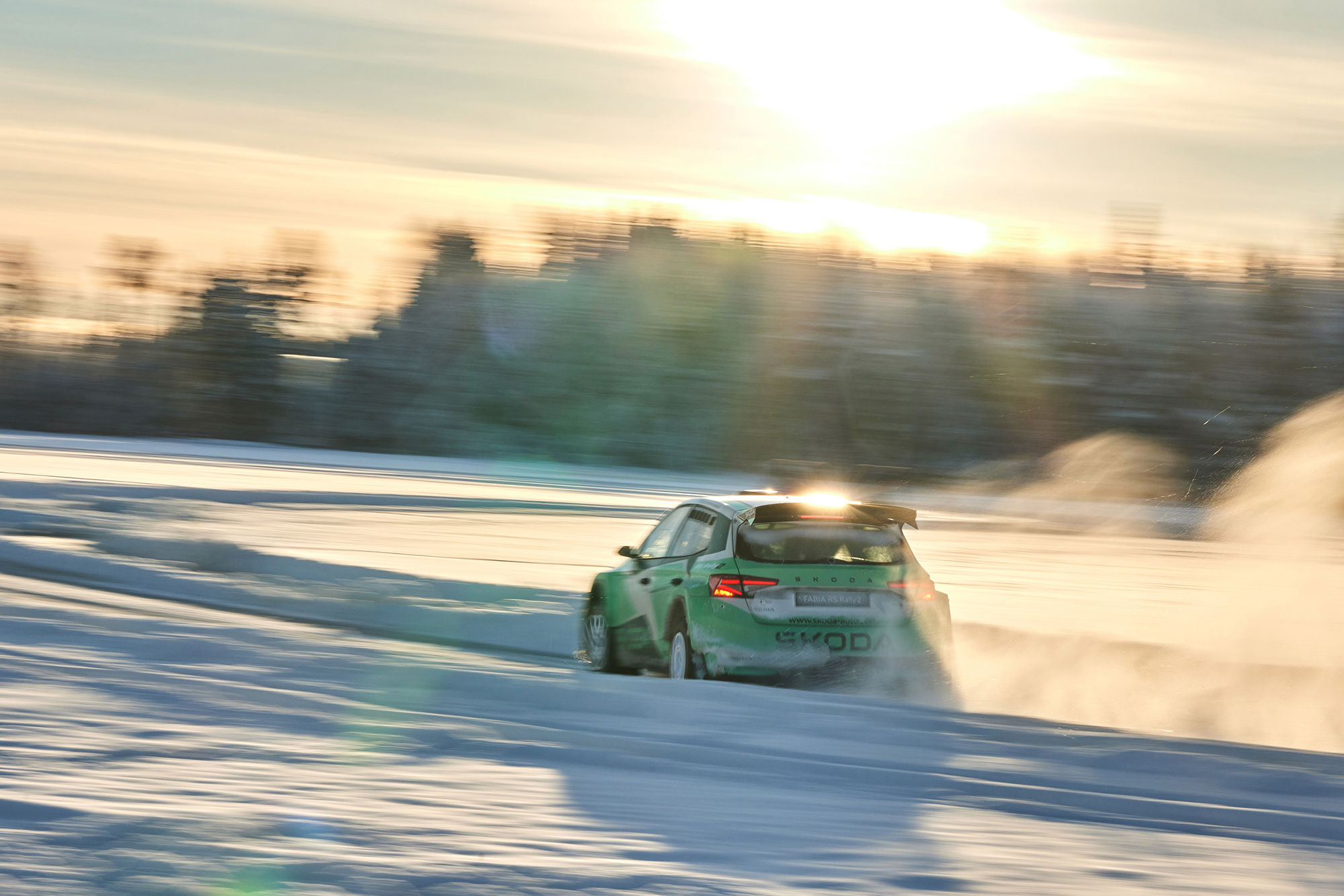 Close-up of a Skoda on the frozen lake ice track in Östersund, Sweden