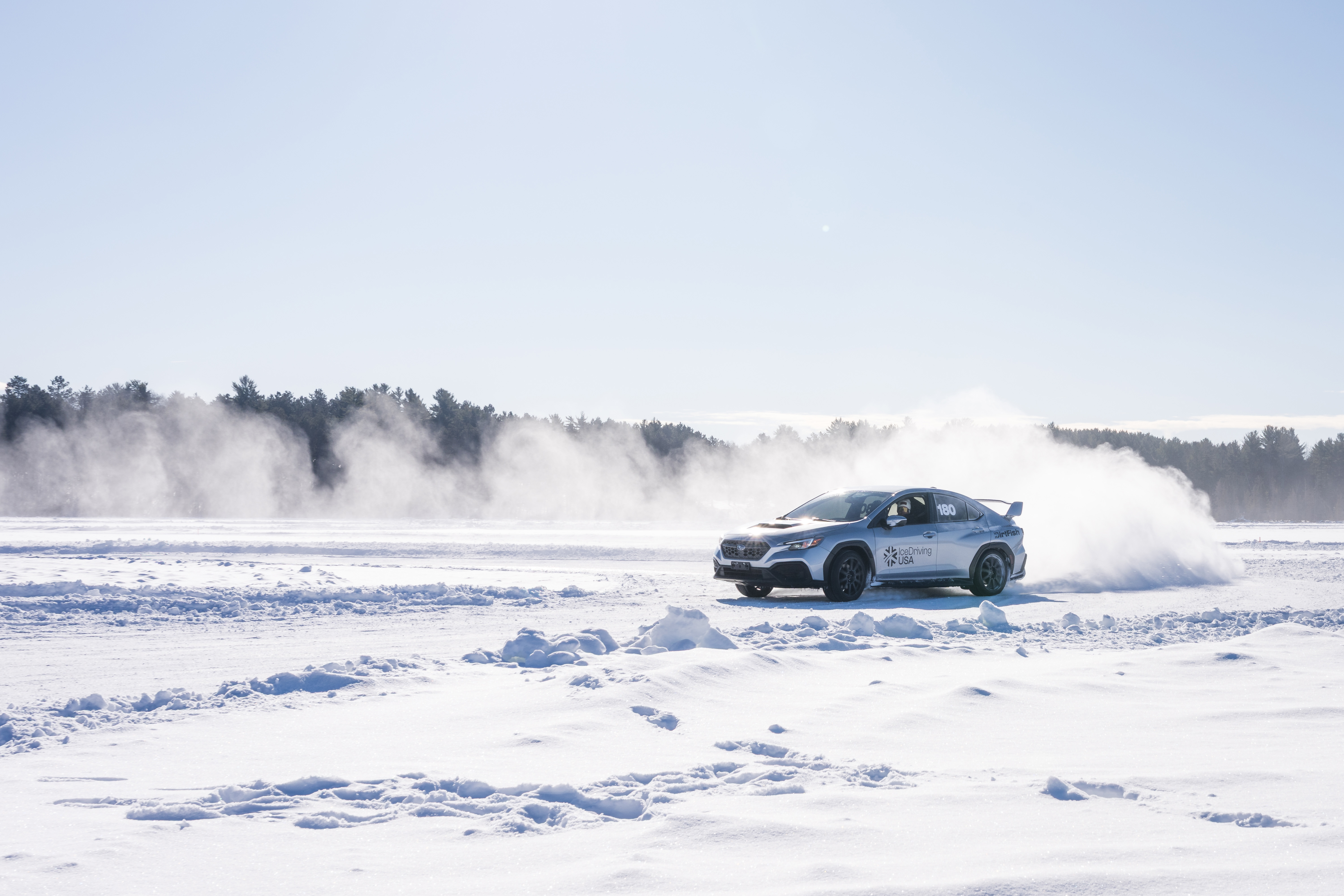 A Subaru WRX drifting on the ice track in Eagle River, Wisconsin
