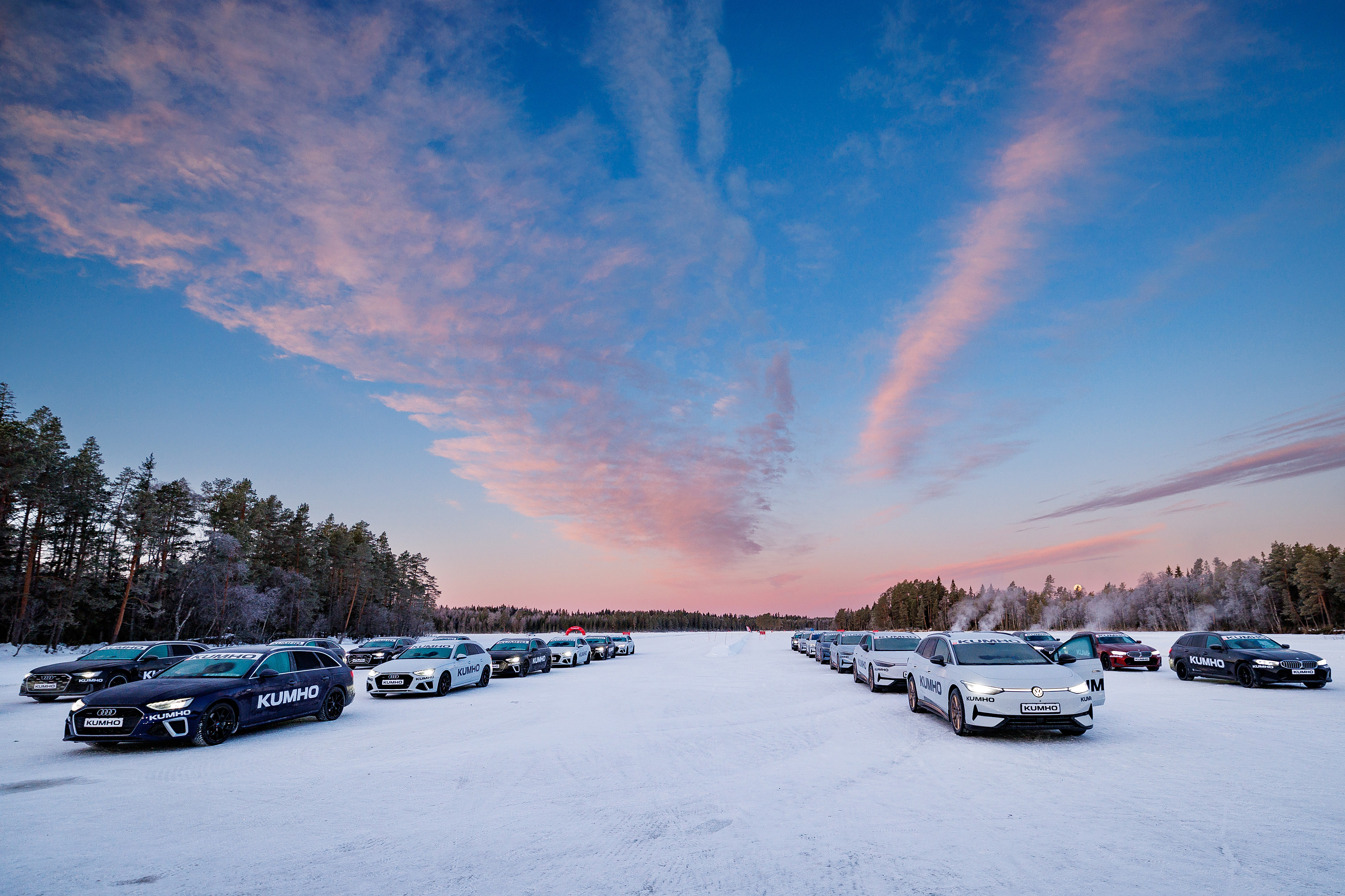 A Kumho tire test car drifting across the ice at the event in Östersund, Sweden