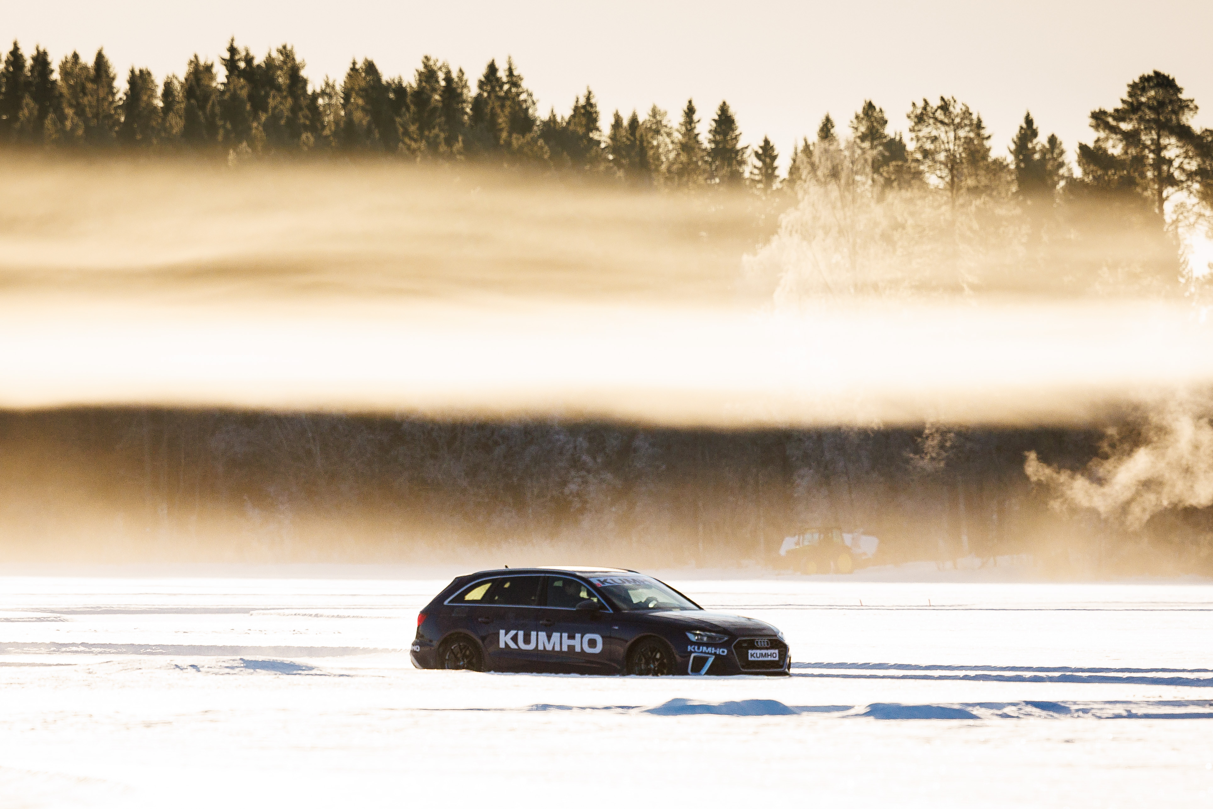 A Kumho tire test car on a professionally prepared ice track in Östersund, Sweden