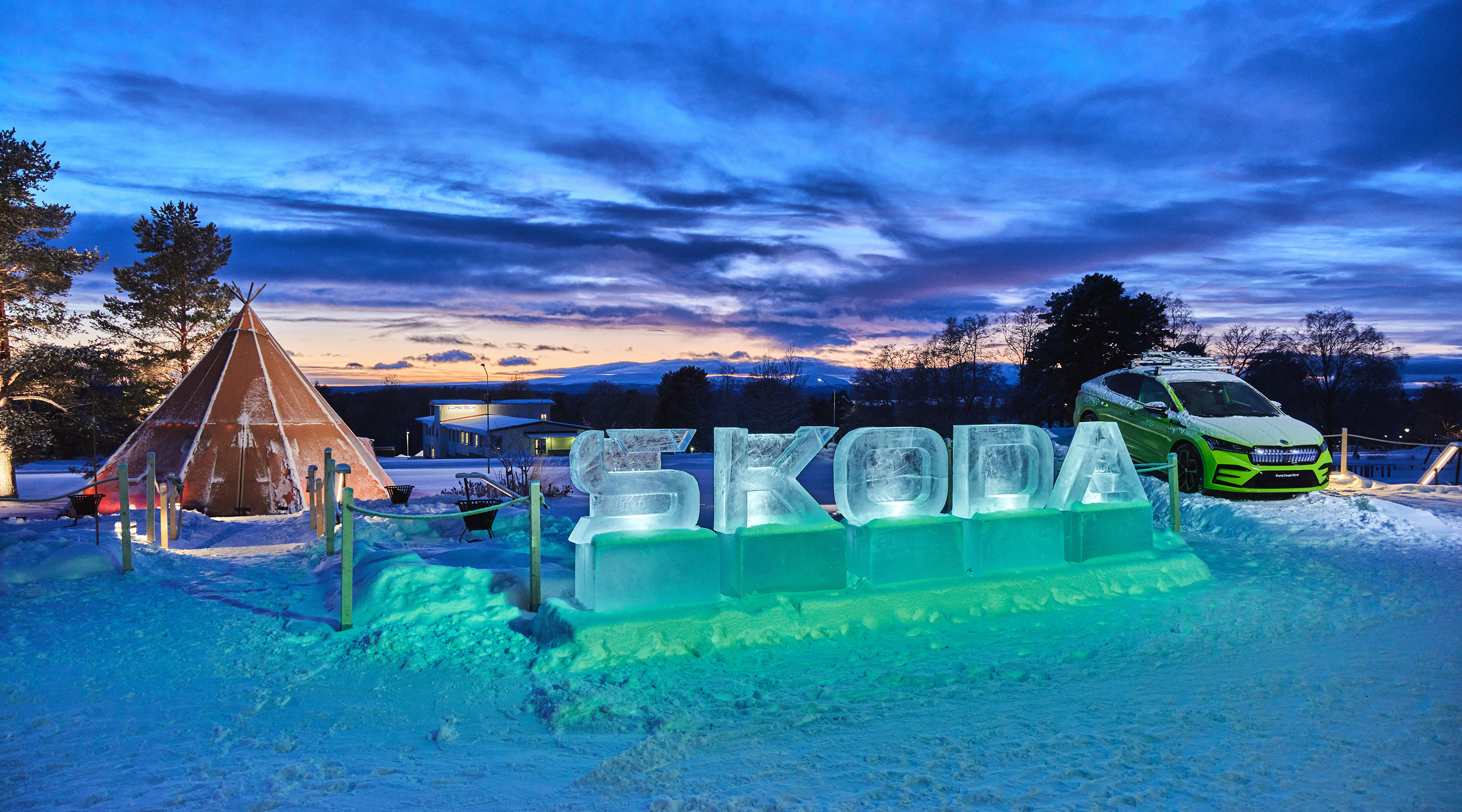 A Skoda drifting across the ice at the event in Östersund, Sweden