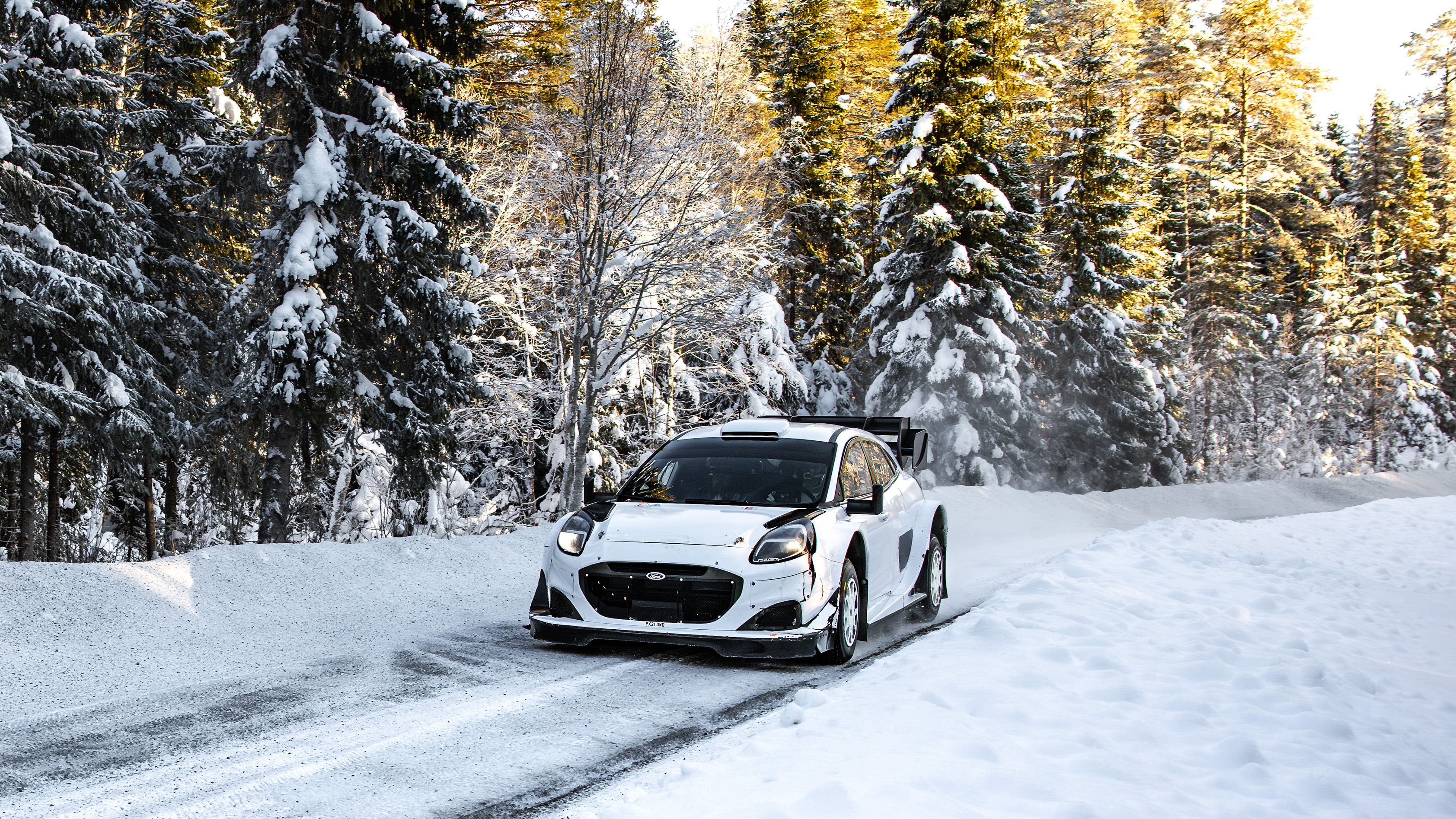 Close-up of a rally test car on the frozen lake ice track in Jämtland, Sweden