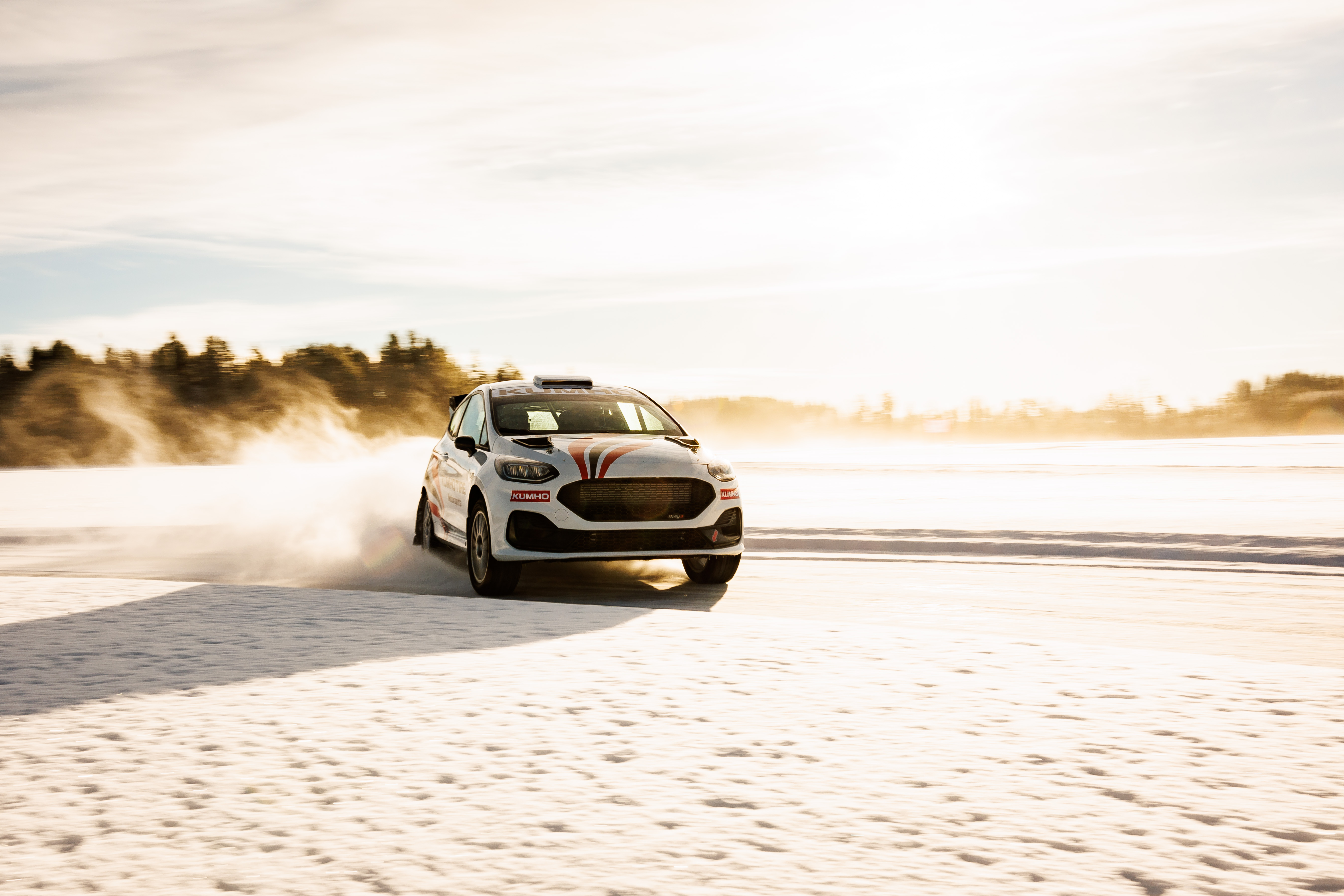Close-up of a Kumho tire test car on the frozen lake ice track in Östersund, Sweden