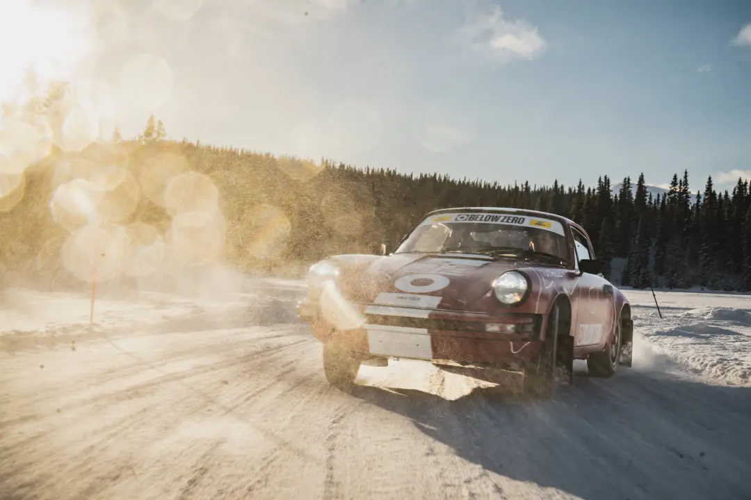 Car during an ice driving experience on a frozen lake in Sweden