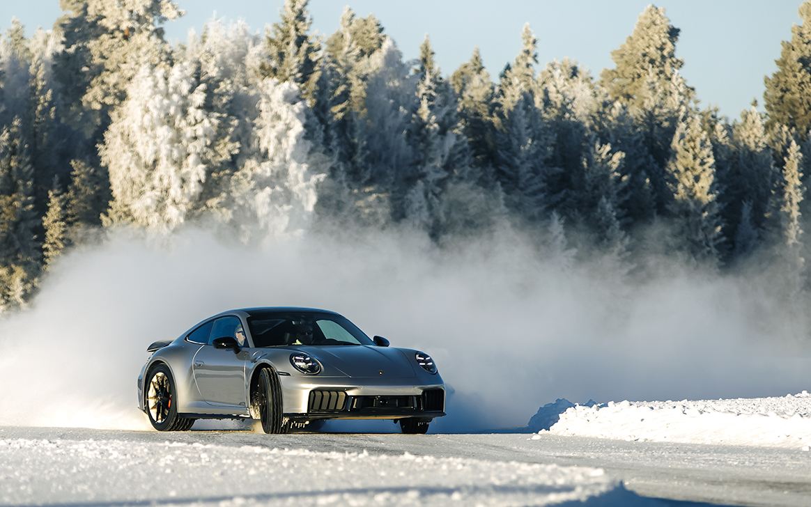 Car during an ice driving experience on a frozen lake in Sweden