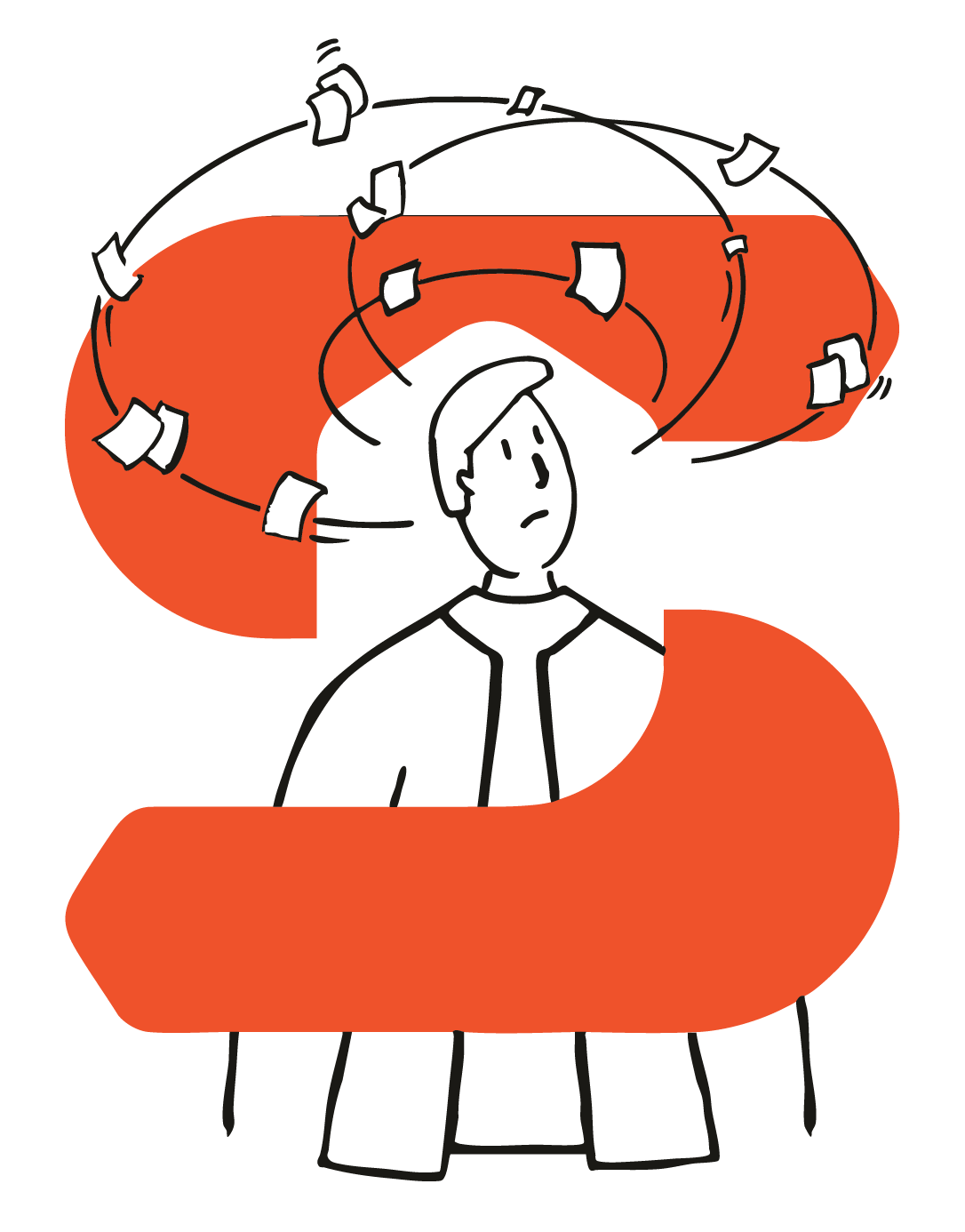 An illustration of a stressed man with documents and paper swirling around his head, intertwined with the Springate Mortgages logo