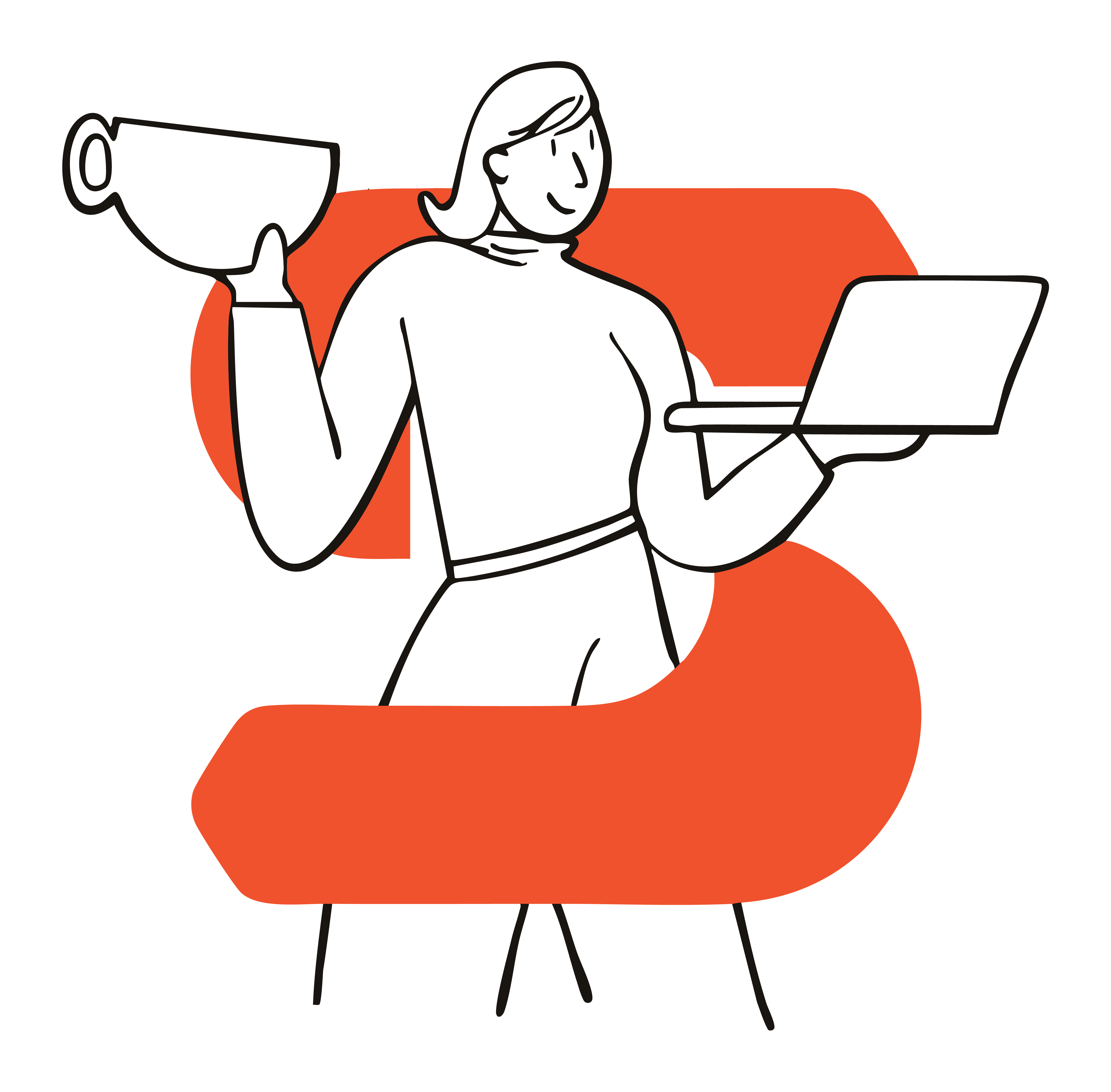 An illustration of a relaxed, happy woman holding a laptop and an oversized cup of tea, intertwined with the Springate Mortgages logo