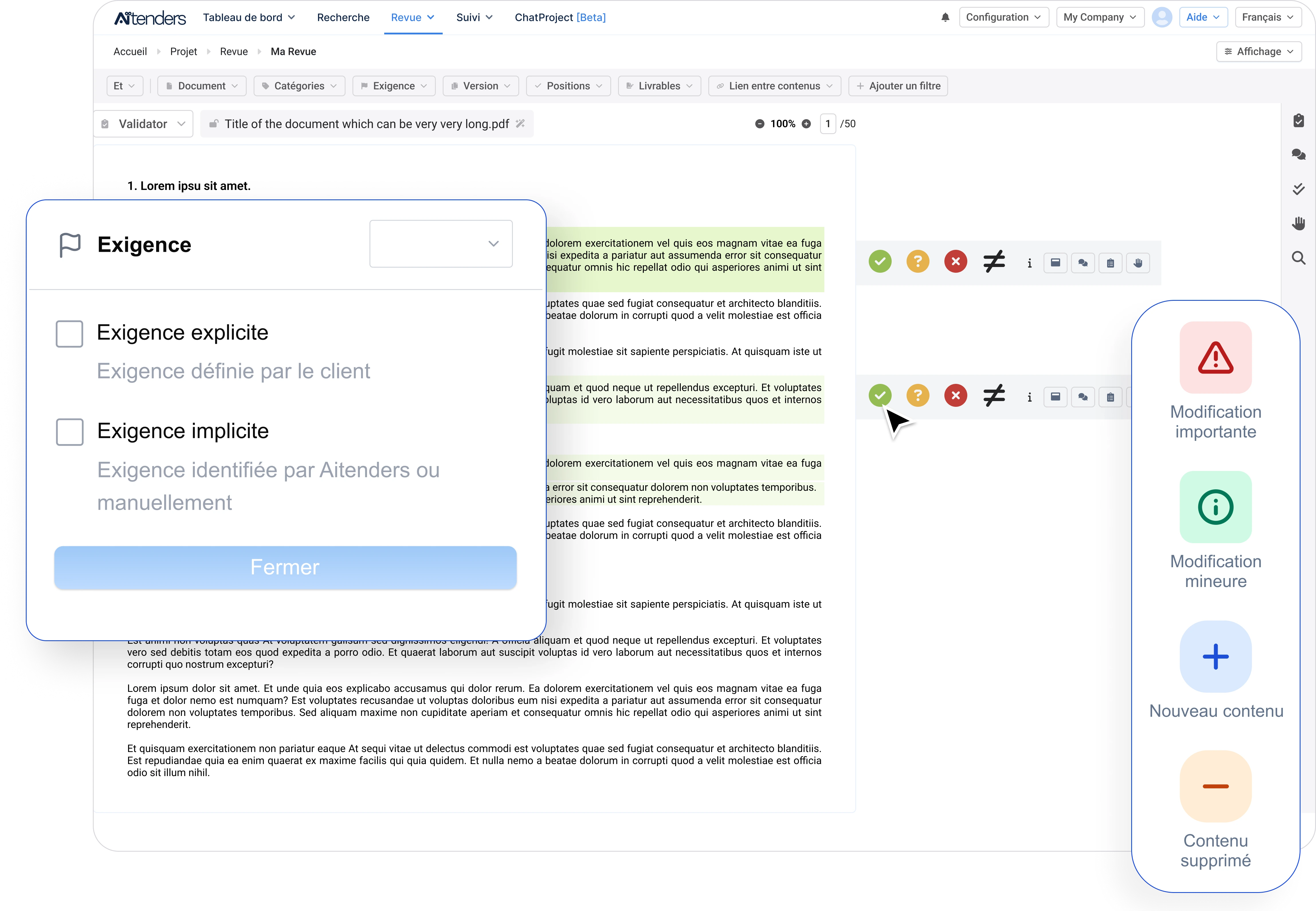 Screenshot of a project management interface showing a document and task list related to insurance, with categories, search bar, filters, and a summary sidebar with risk levels and comments.