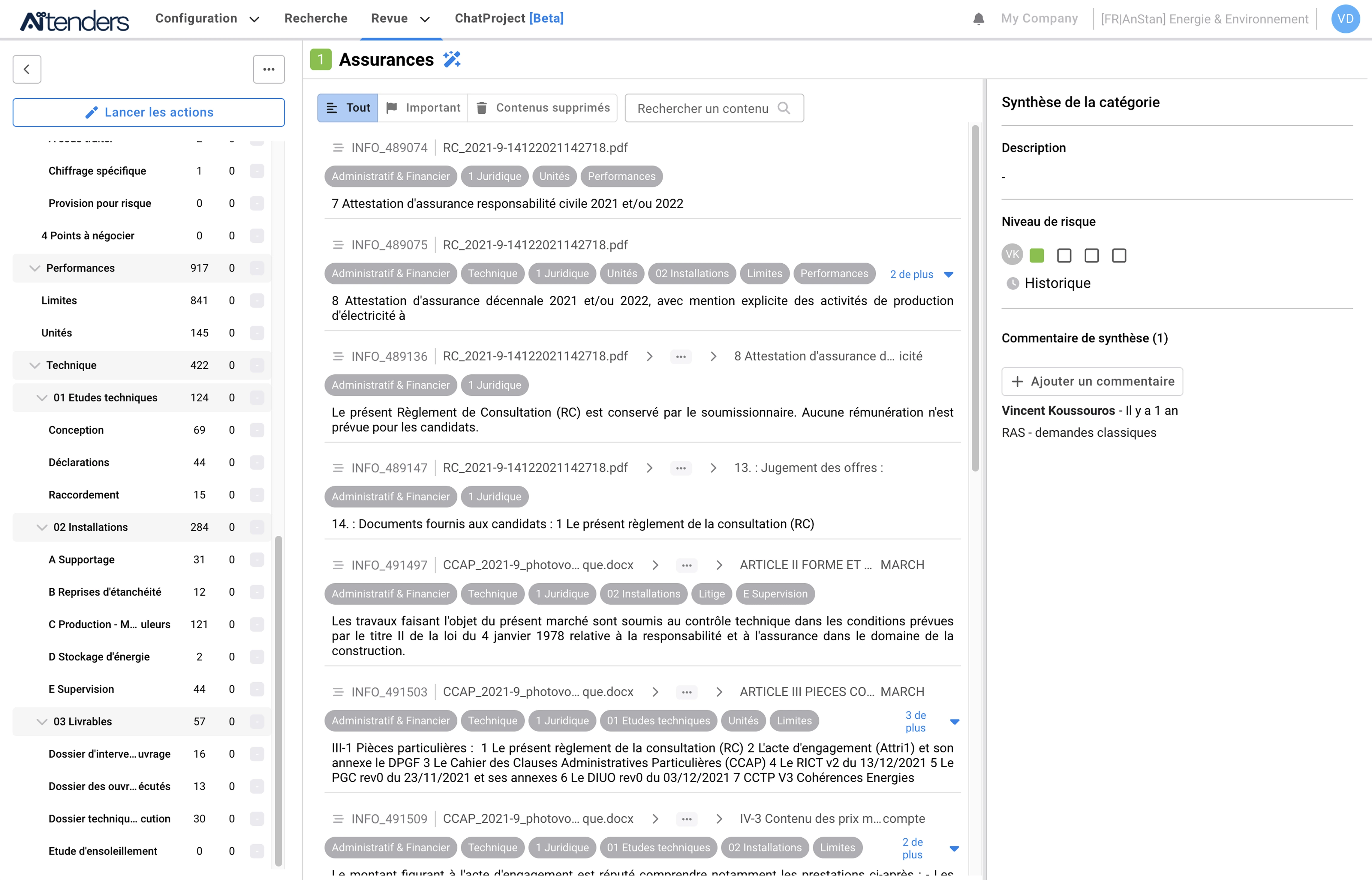 Screenshot of a project management interface showing a document and task list related to insurance, with categories, search bar, filters, and a summary sidebar with risk levels and comments.