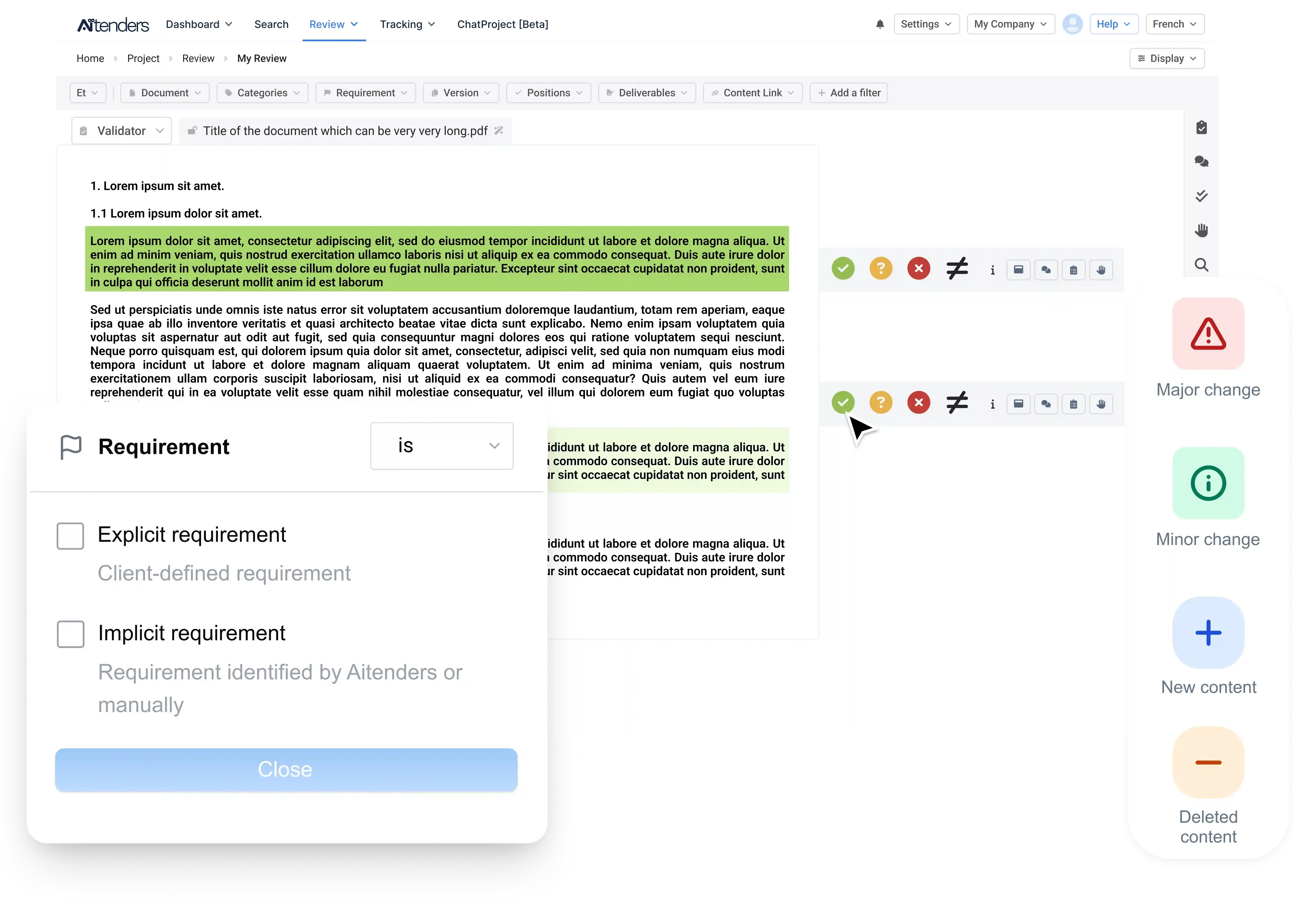 Screenshot of a project management interface showing a document and task list related to insurance, with categories, search bar, filters, and a summary sidebar with risk levels and comments.