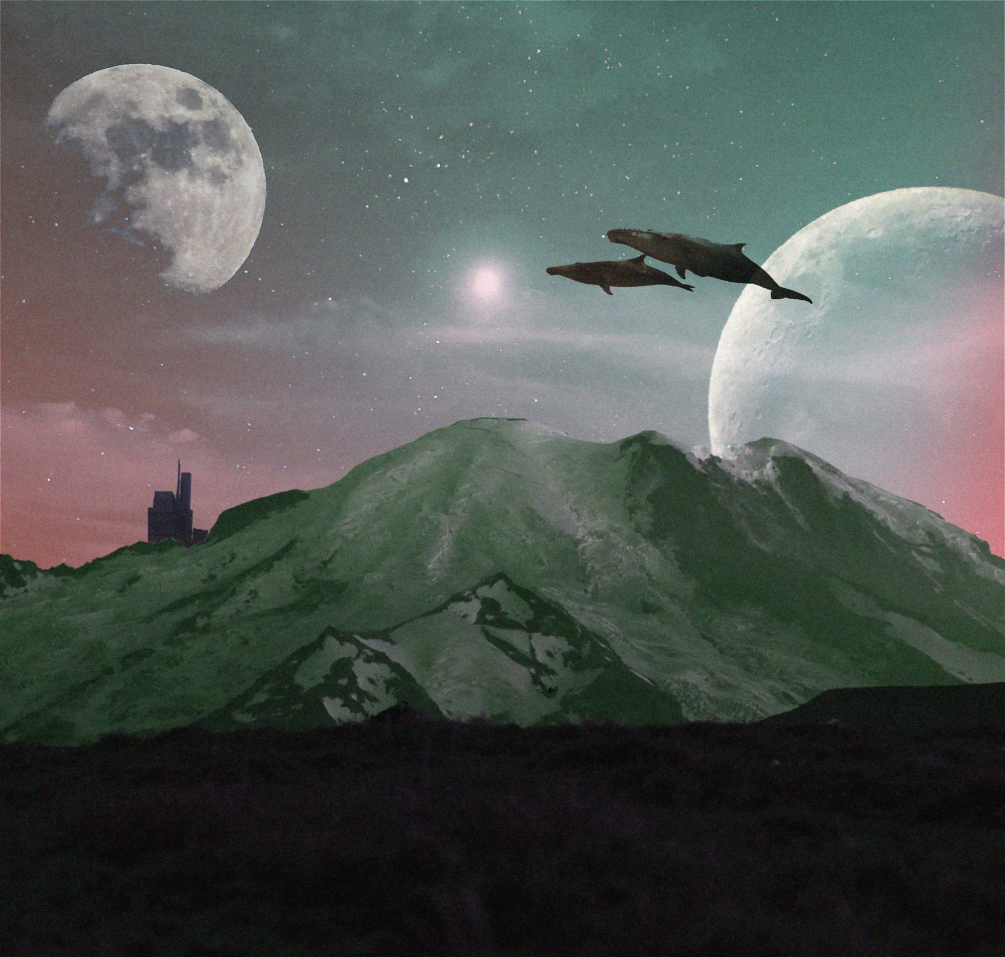 An image of an epic landscape with flying whales and two moons in the distance as a figure wearing bold red headphones look out into the distance.