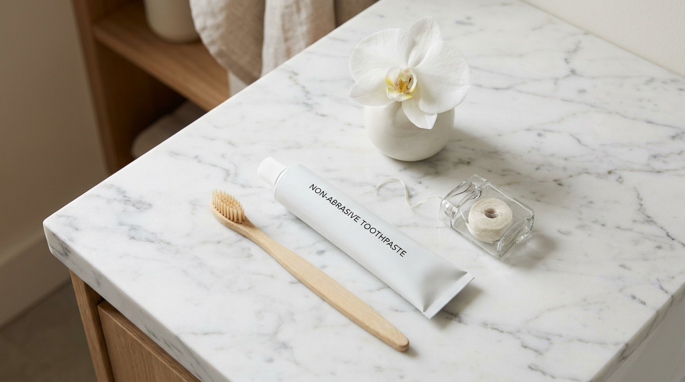 A sleek, modern flat lay of essential dental care items: a soft-bristled toothbrush, a tube of non-abrasive toothpaste, a roll of dental floss, and an interdental brush, all neatly arranged on a clean, white marble counter next to a small