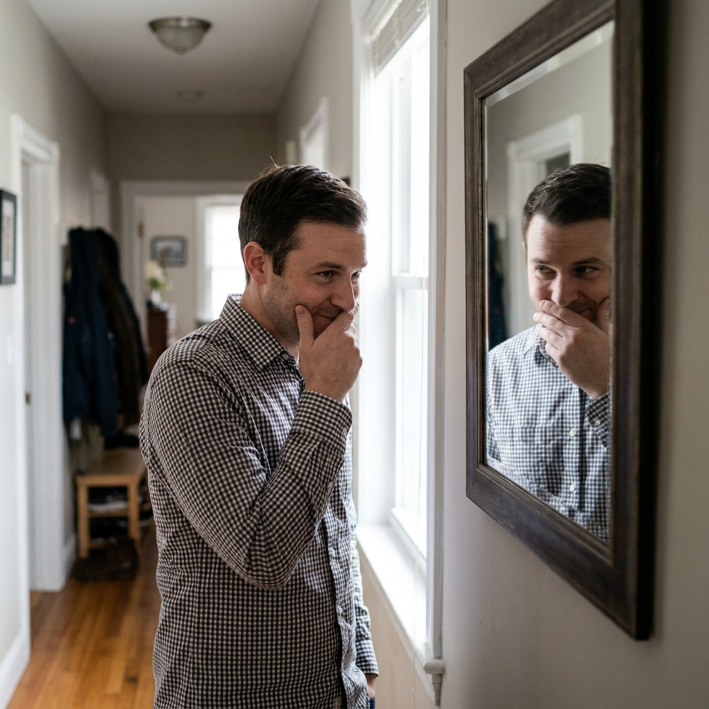 Jeremy sips coffee at a kitchen island, glancing at his reflection in his phone with a pleased expression at his bright smile.