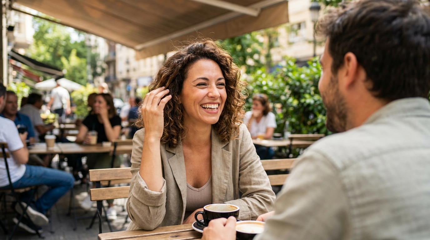 A woman in her 30s, Brittany, confidently laughing and interacting with a friend at a bustling outdoor cafe.