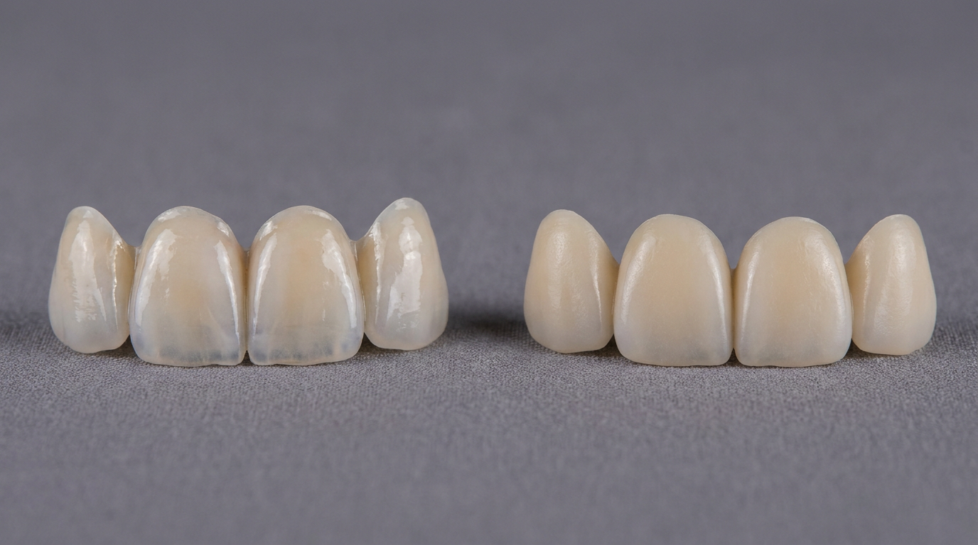 A macro shot comparing two sets of veneers: porcelain veneers, distinguishable by their translucent, multi-layered appearance and subtle individual characteristics on the left, and composite veneers on the right, which show a more uniform