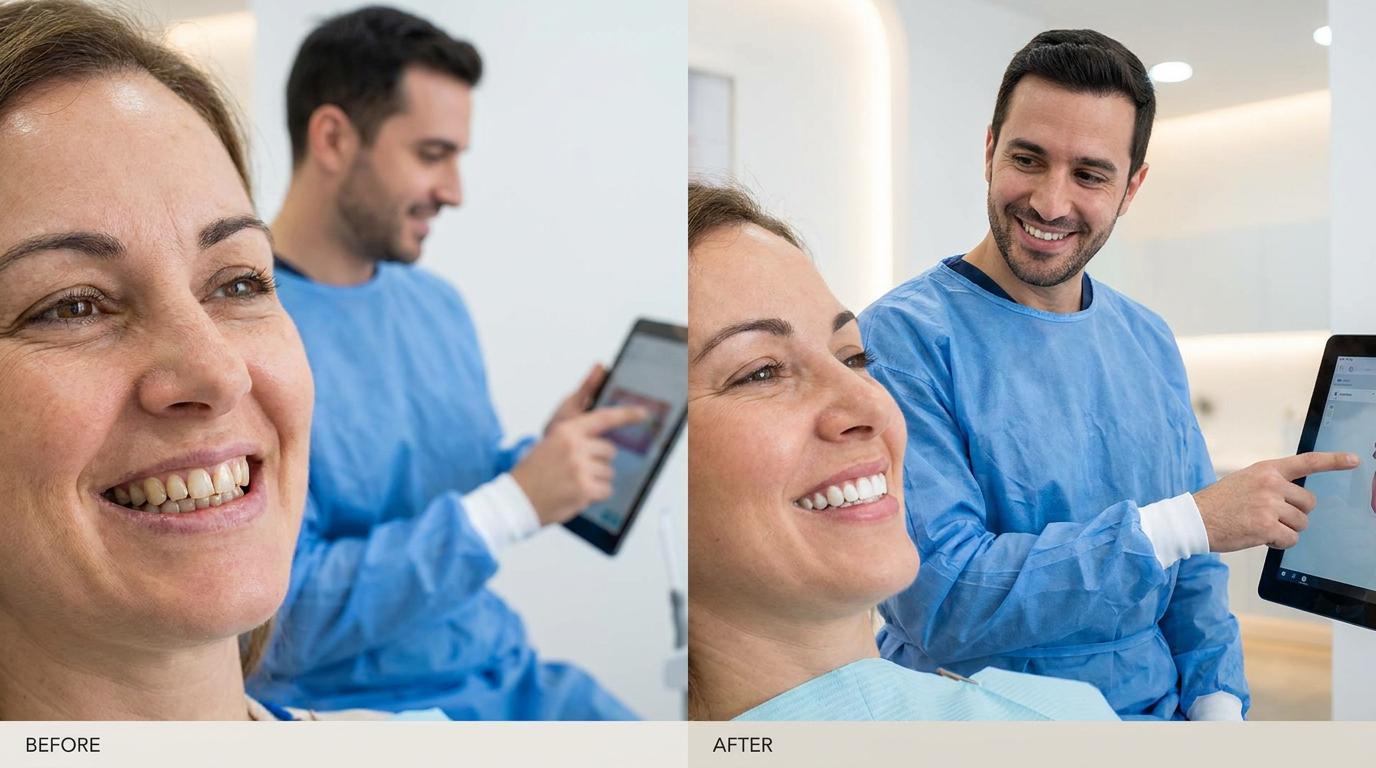 A split image showing a woman's smile before and after veneer treatment.