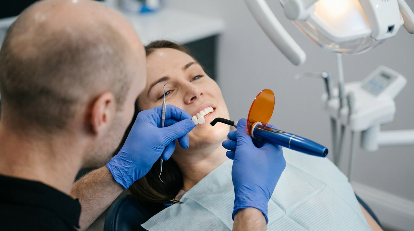 A dentist's gloved hands meticulously bond a porcelain veneer onto a patient's front tooth using a small, specialized dental tool and a curing light.