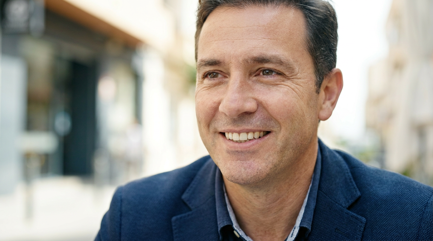 A close-up, eye-level shot of a confident man with a bright, natural smile, slightly angled to show off the perfect symmetry and healthy sheen of his teeth.