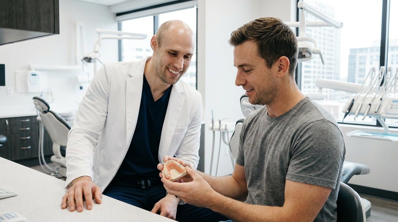 Dr. Daniel Stegall, a man in his 40s wearing blue scrubs and a white lab coat, smiles warmly as he consults with Jeremy, a casually dressed man, holding a dental model of an arch with veneer preparations.