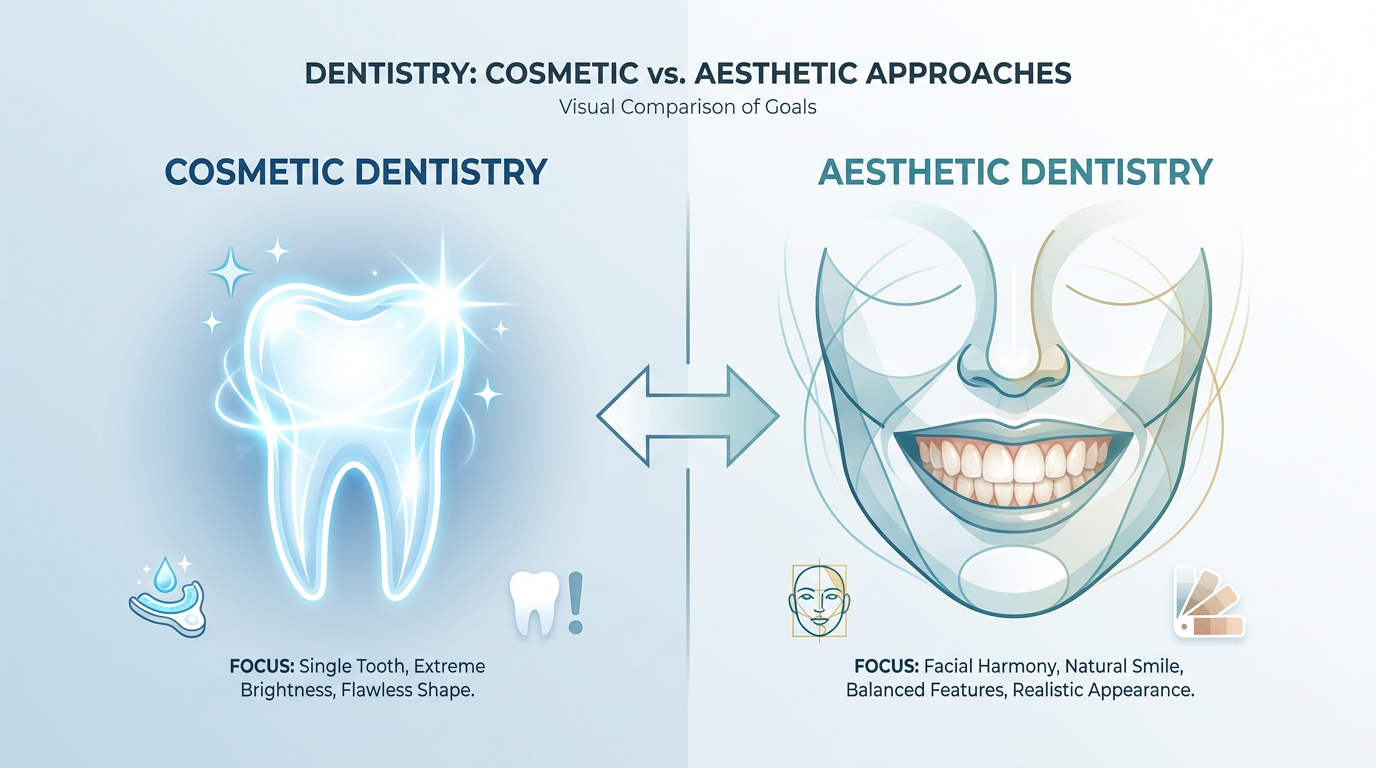 Minimal-text infographic comparing "Cosmetic Dentistry" and "Aesthetic Dentistry," with "Cosmetic" showing a single, brightened tooth and "Aesthetic" showing a balanced, harmonious face with a natural smile.
