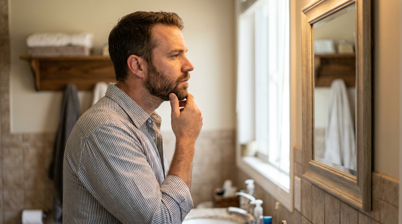 Photorealistic of Tyler, looking thoughtfully at his reflection in a bathroom mirror, touching his chin as he considers his smile.