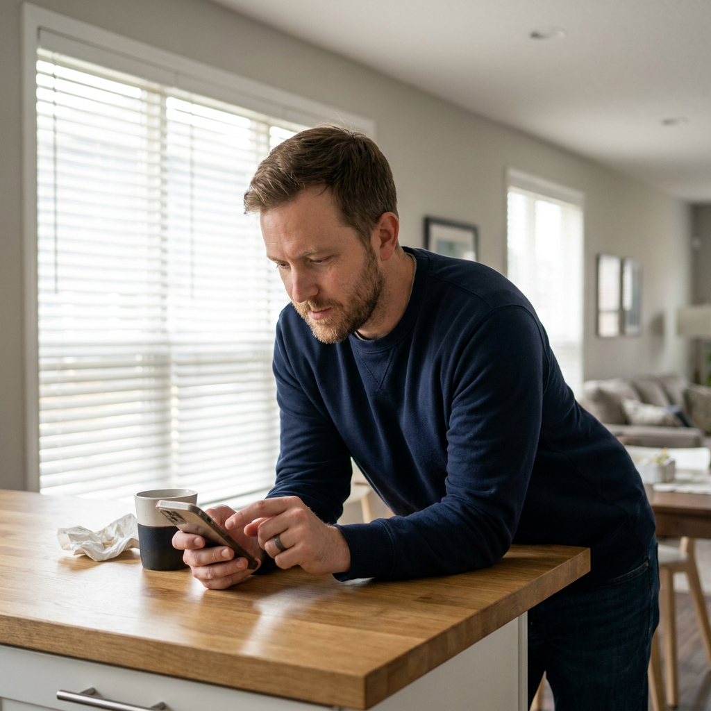 Tyler, in a navy crewneck, looks at his smartphone to schedule an appointment at his kitchen island.