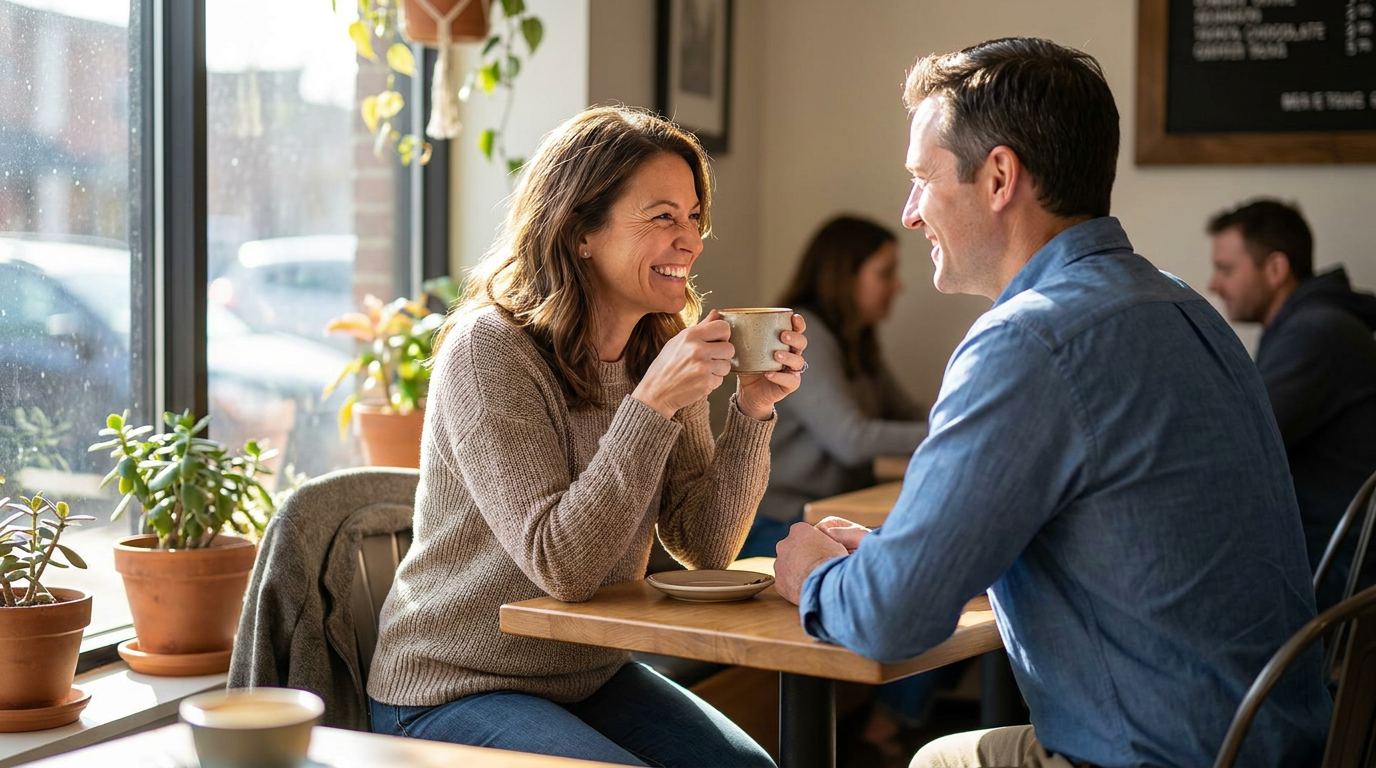 Photorealistic of Jenna, smiling broadly and confidently, perhaps holding a cup of coffee, her smile looking natural and radiant in a sunlit cafe setting.