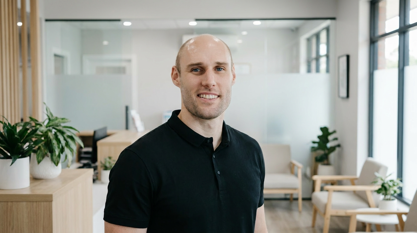 Photorealistic portrait of Dr. Daniel Stegall, smiling gently and professionally, looking approachable and trustworthy in a bright, modern clinic environment (not a treatment room).