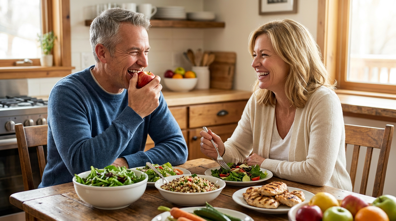 Eric, laughs genuinely with his wife Kristen, across a kitchen table filled with a healthy meal.