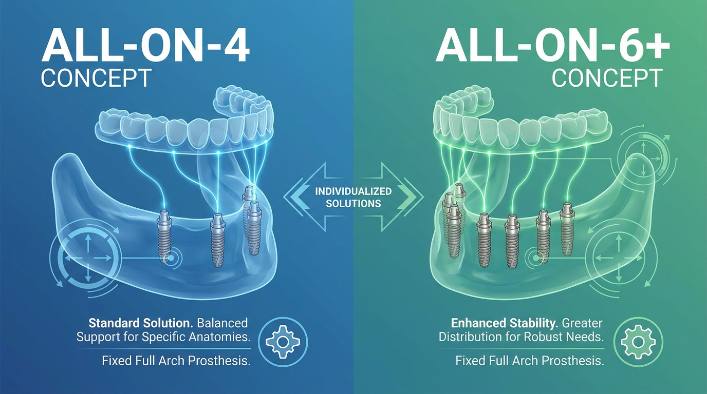 A split image depicting two different full arch implant configurations on stylized jaw models – one with four implants (All-on-4) and another with six implants, highlighting the variation in approach based on individual needs.
