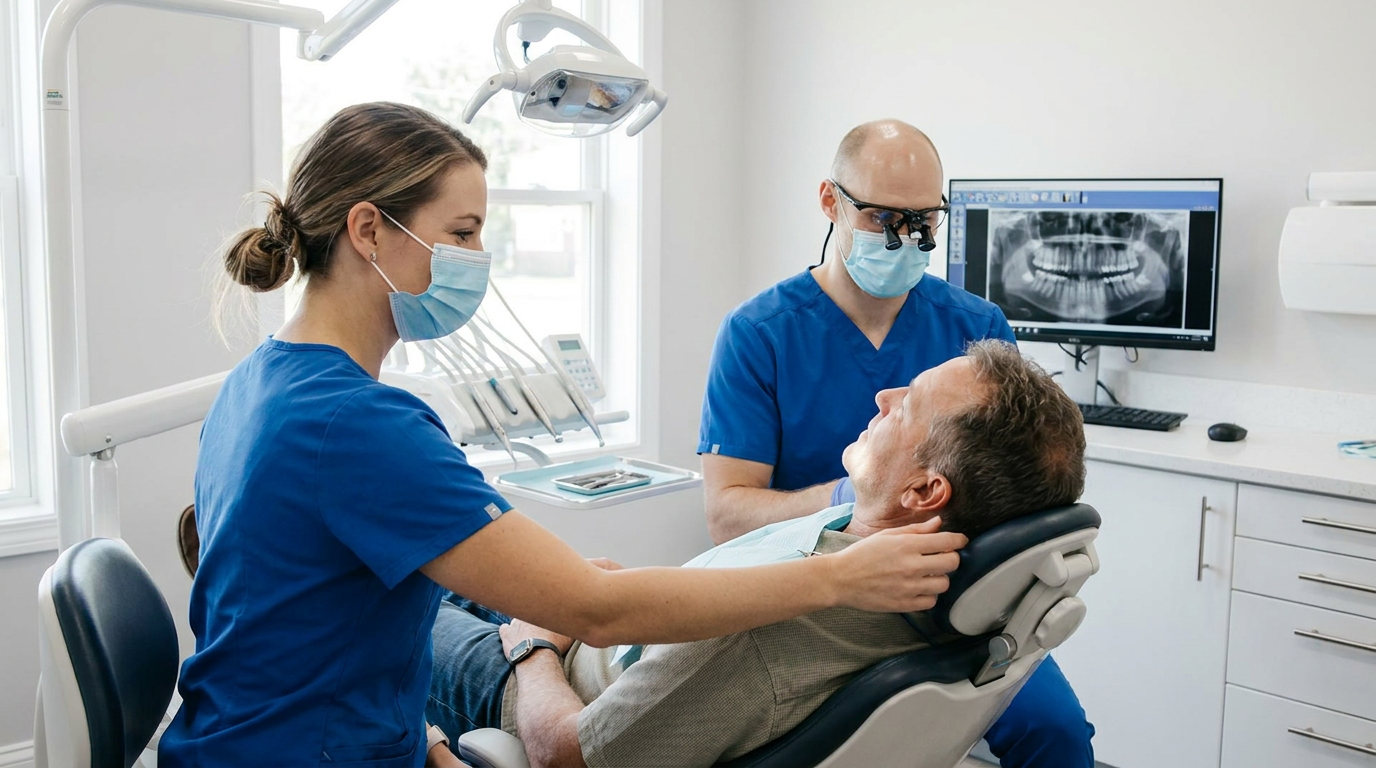 A dental assistant, a woman in her 30s wearing blue scrubs and a mask, gently helps Eric, recline in a dental chair.