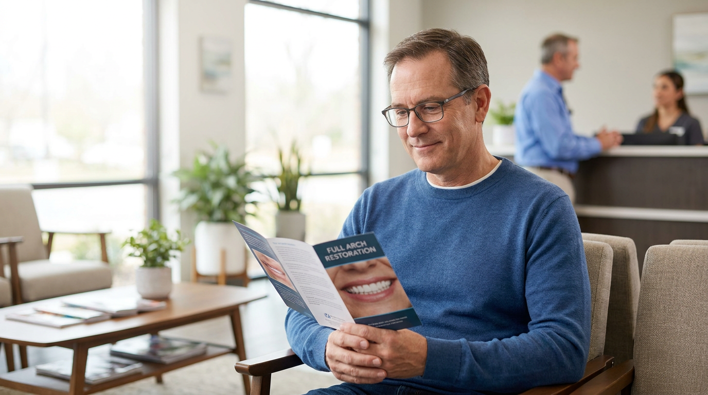 Eric, looks with a hopeful expression at a pamphlet titled "Full Arch Restoration" while sitting in a modern dental waiting room.