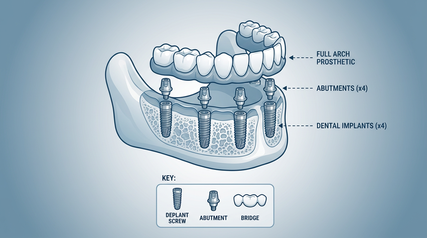 A detailed diagram showing the anatomy of a full arch restoration with dental implants.