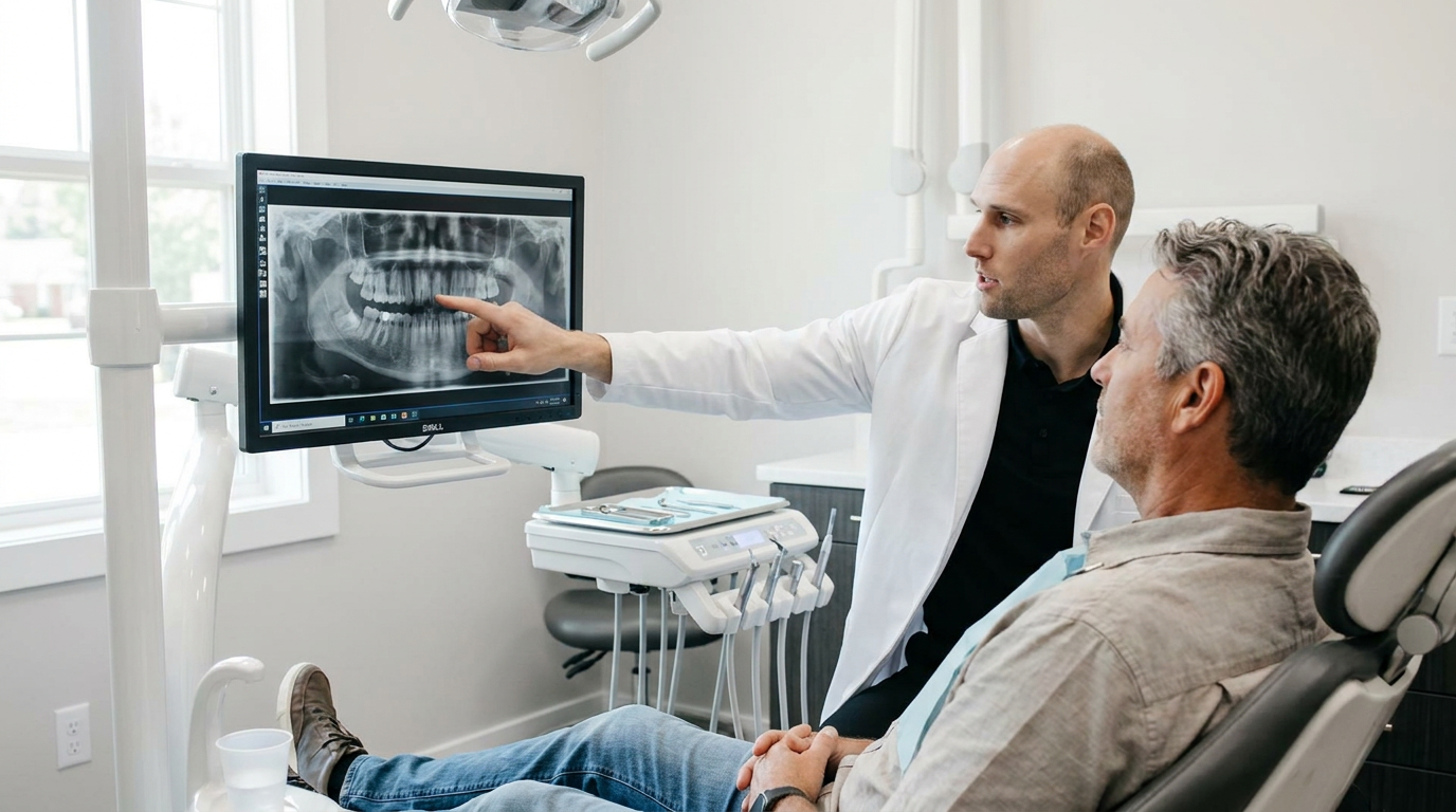 Dr. Daniel Stegall, a man in his 40s in a white lab coat, explains something on a digital x-ray of a jawbone to Eric, who is seated in a dental chair.