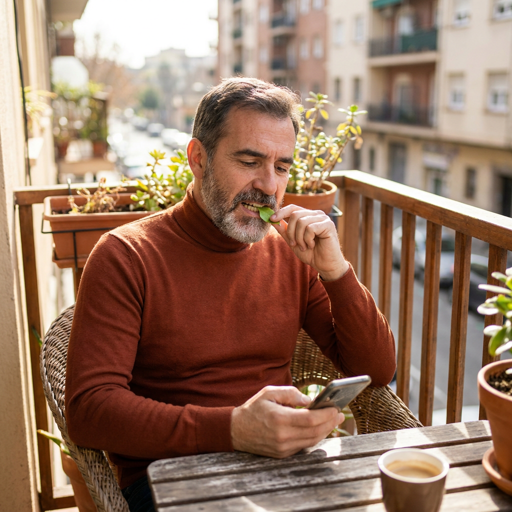 Eric, in a rust turtleneck, on a sunlit balcony, tests a green leaf against his new dental restoration.