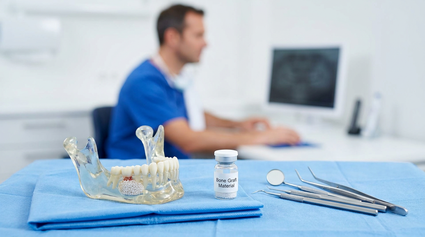 A transparent jawbone model with a bone graft, a vial of bone graft material, and dental tools rest on a blue cloth, while a man in blue scrubs works at a computer in the blurred background.