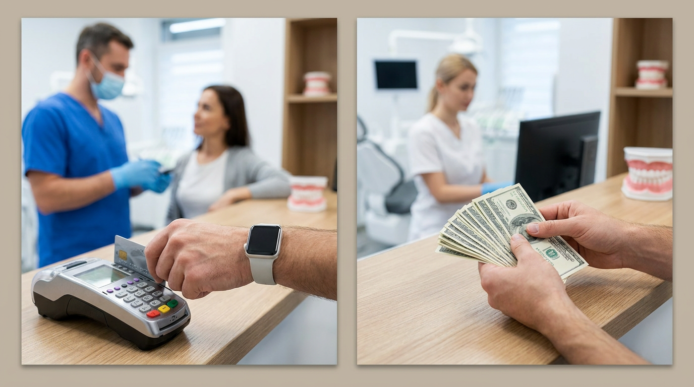 A split image shows a person inserting a credit card into a payment terminal on the left, and a person counting cash on the right, with dental staff and a patient in the background of both scenes.