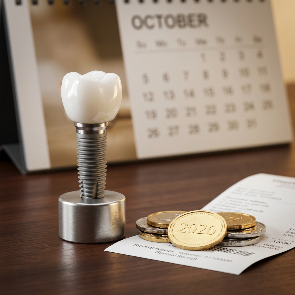 A dental implant with a white crown sits on a brushed metal stand next to a stack of coins, a receipt, and a blurred October calendar.