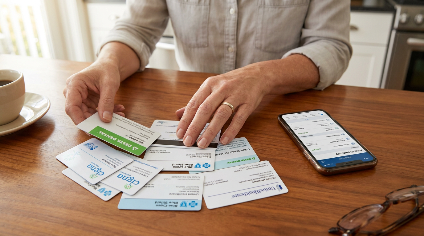 An adult woman's hands sort through various insurance cards on a polished wood table next to a smartphone displaying an online banking app, a cup of coffee, and eyeglasses.