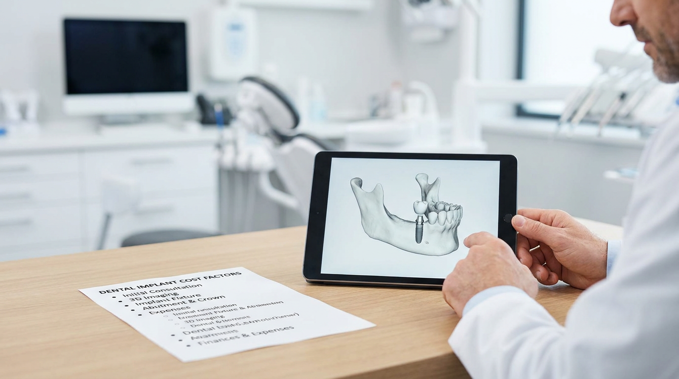 A dentist in a white lab coat sits at a wooden table in a dental office, pointing at a digital tablet displaying a 3D model of a jawbone with a dental implant, next to a paper with "DENTAL IMPLANT COST FACTORS" printed on it.