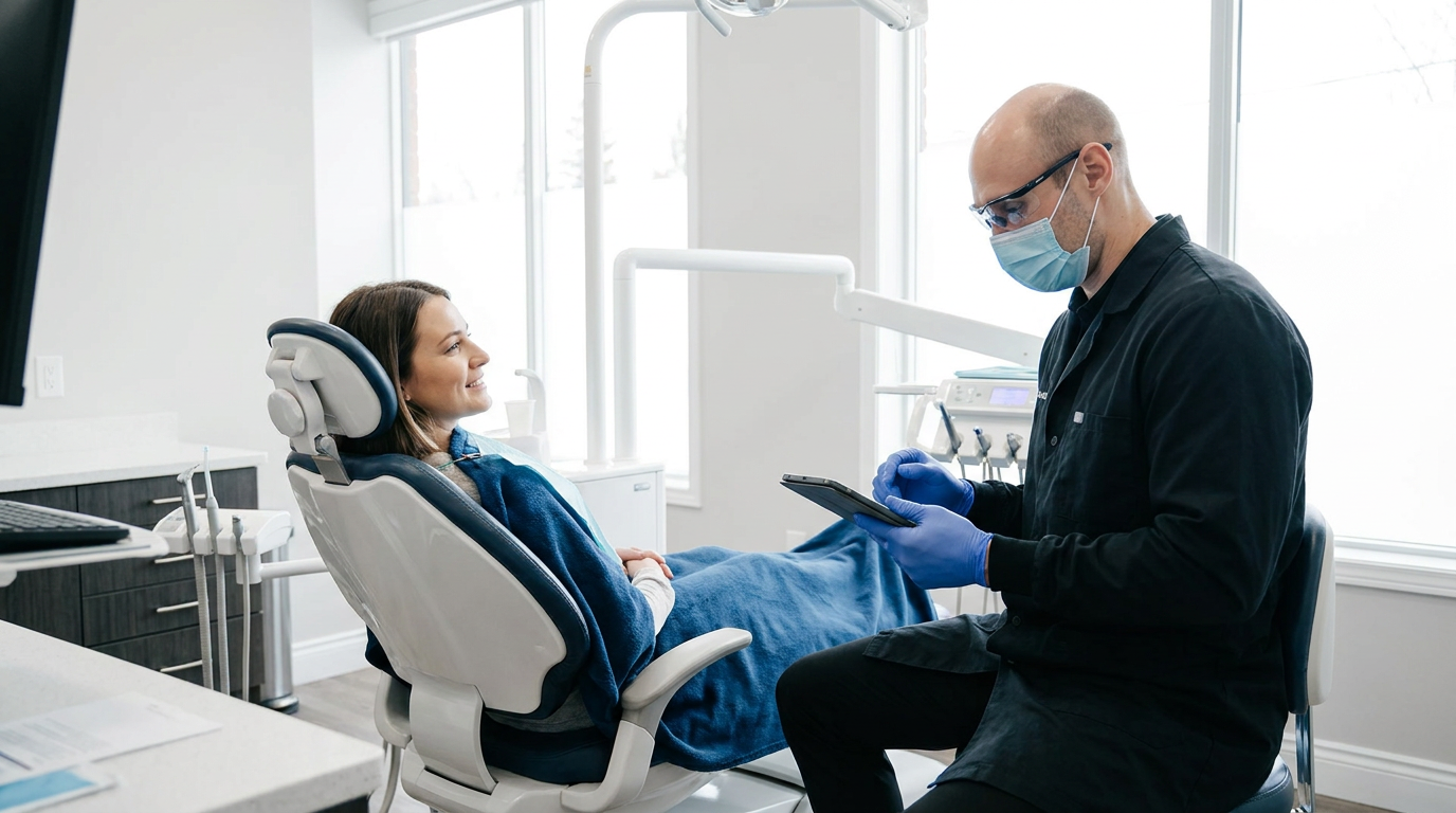 A patient in a dental chair with a blue blanket smiles at Dr. Daniel Stegall, who wears a mask, glasses, and blue gloves while looking at a tablet.