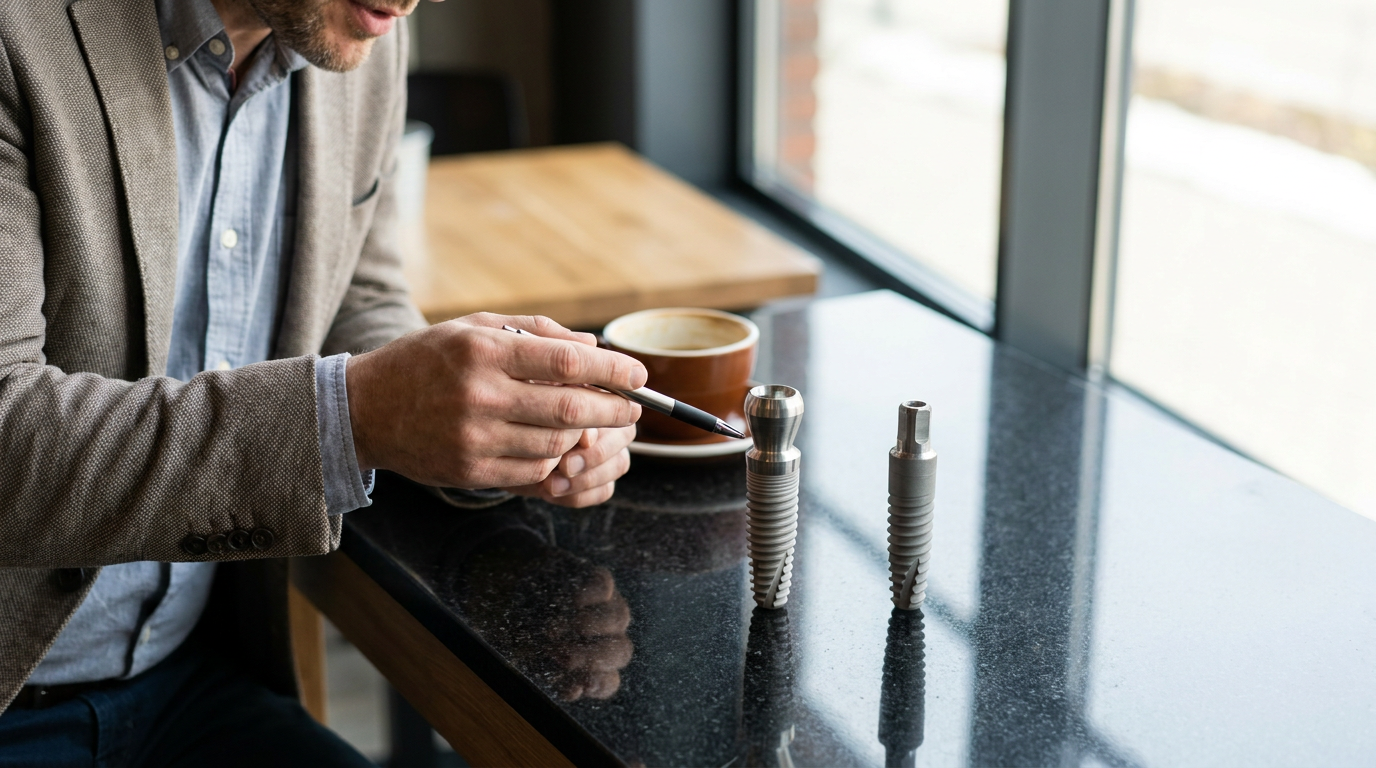 A man in a brown blazer and blue shirt sits at a black granite counter, pointing a pen at two metal dental implant models next to a brown coffee cup, with a window and wooden table in the background.