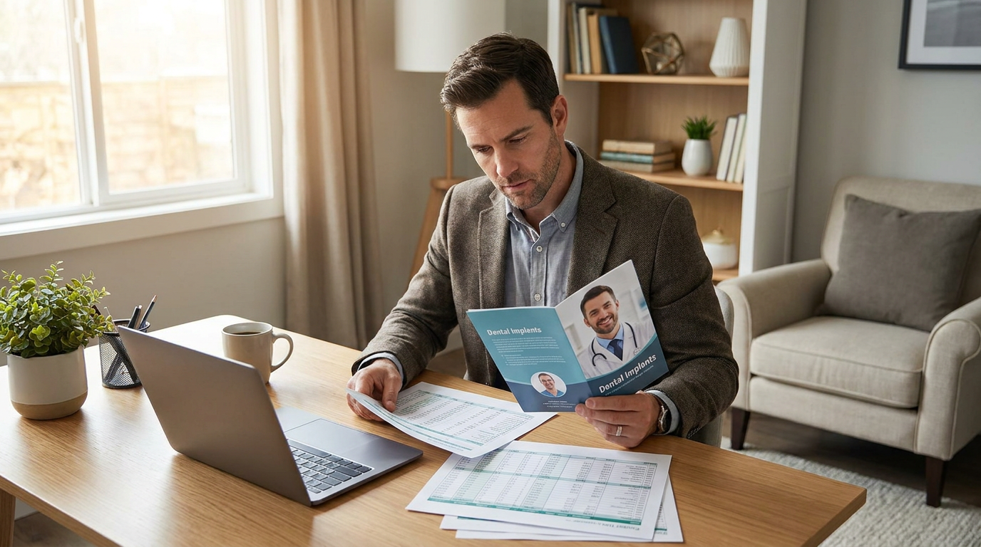 Justin sits at a wooden desk, looking at a "Dental Implants" brochure and papers, with a laptop and coffee mug nearby.