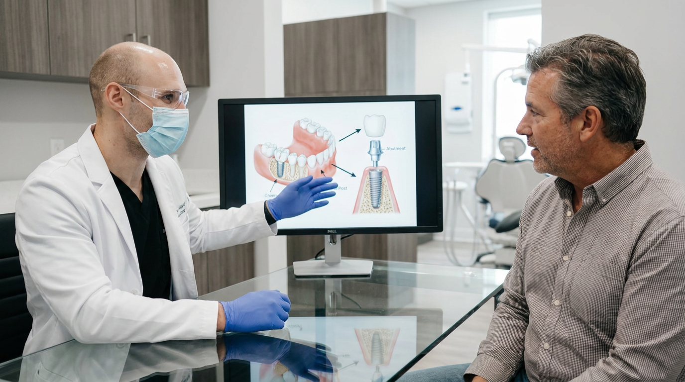 Anthony, sits across a glass-top table from Dr. Daniel Stegall, who is gesturing towards a detailed, annotated diagram of a dental implant procedure on a large monitor, both discussing options.