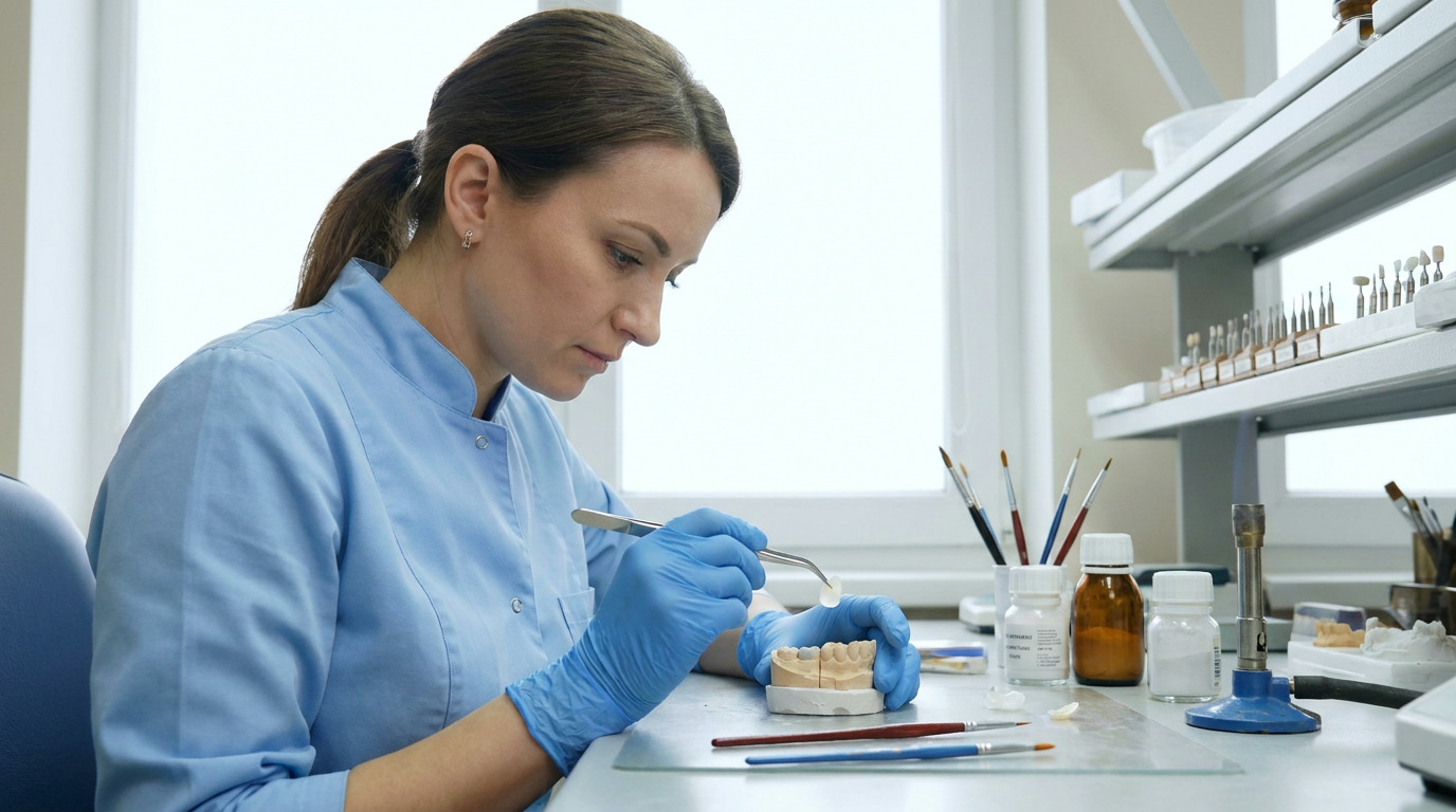 A woman in blue scrubs and gloves uses tweezers to place a small white object onto a dental model in a lab with tools and bottles.
